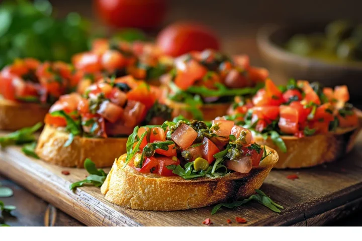 Bruschetta s rajčicom, češnjakom i maslinovim uljem na dasci