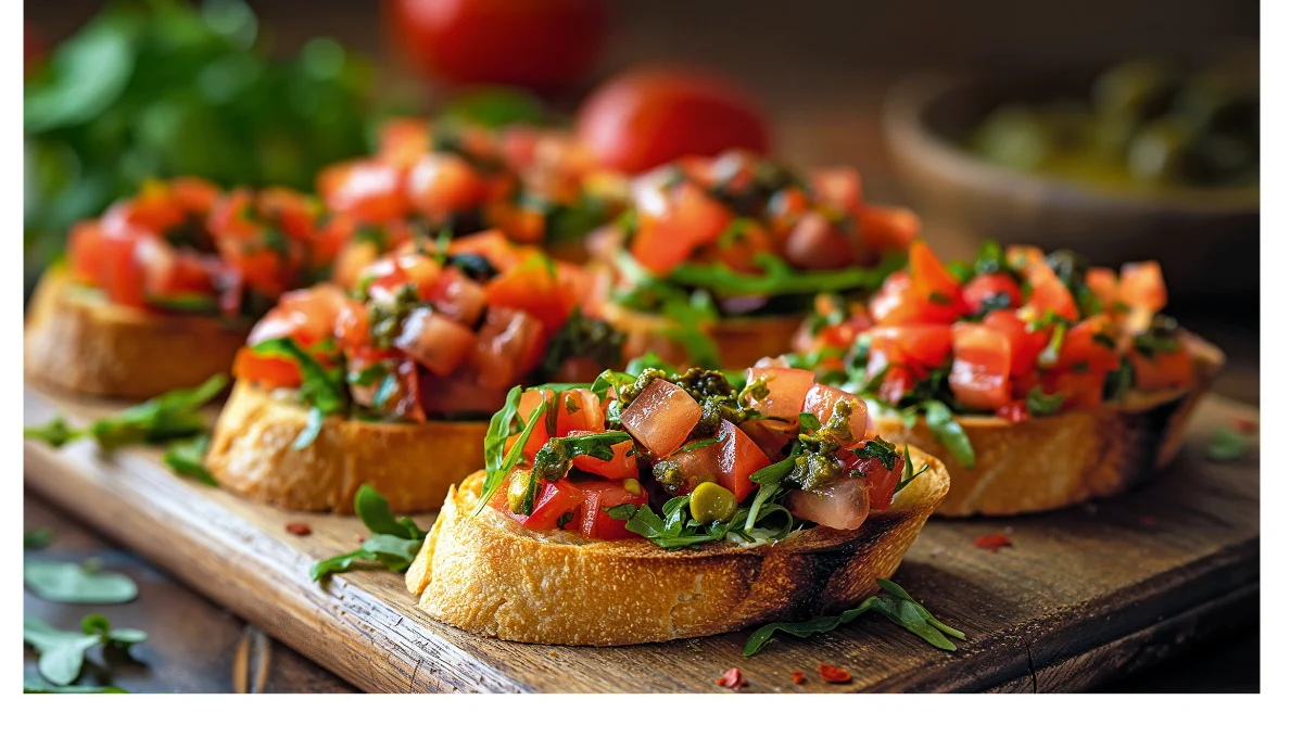 Bruschetta s rajčicom, češnjakom i maslinovim uljem na dasci
