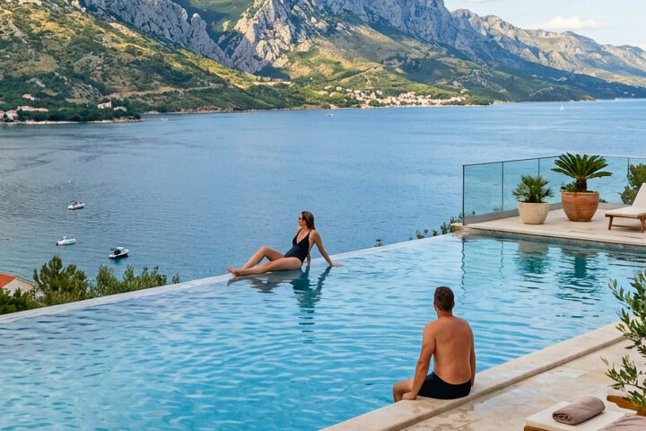 Bazen luksuznog wellness resorta s pogledom na more i planine